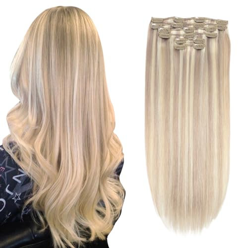 XDhair Clip in Extensions Echthaar Blond Echthaar Extensions 35cm 100g 6 Stück Ashblond Highlight Gebleichtes Blond Clip in Remy Haarverlängerungen Echthaar（#18P613-14 Zoll）