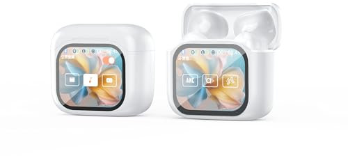 Micool Wireless Earbuds with Touch Screen, Colour Display, In Ear Earbuds Bluetooth 5.4 with Long Battery Life, Active Noise Cancellation Headphones Bluetooth, Built-in Buzzer/Pan-Tilt Camera (white)