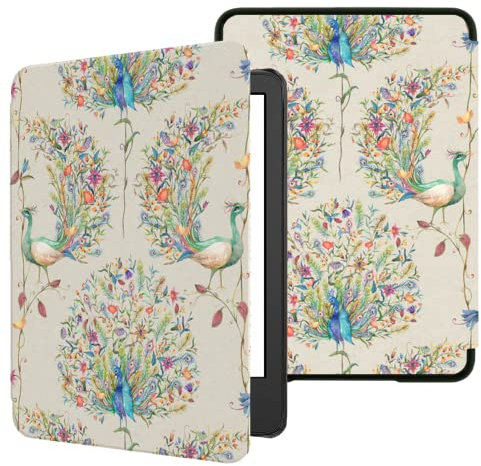 Hülle für Kindle e-Reader 6 Zoll 2024 Release, TOKILO Premium-PU-Lederhülle mit Auto Sleep Wake für Kindle 6 E-Book Reader 11th Generation 2024/2022 Release, Pfau
