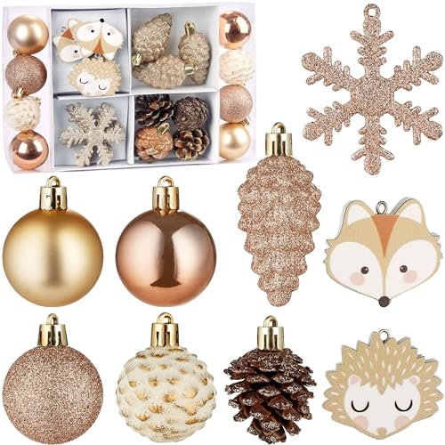 BRUBAKER 26 Stück Christbaumschmuck Wald und Tiere - Weihnachtskugel Set mit Tannenzapfen, Igel und Fuchs Anhänger, Schneeflocken, Glitzer Baumkugeln - Baumschmuck für Weihnachtsbaum - Gold Braun