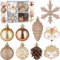 BRUBAKER 26 Stück Christbaumschmuck Wald und Tiere - Weihnachtskugel Set mit Tannenzapfen, Igel und Fuchs Anhänger, Schneeflocken, Glitzer Baumkugeln - Baumschmuck für Weihnachtsbaum - Gold Braun