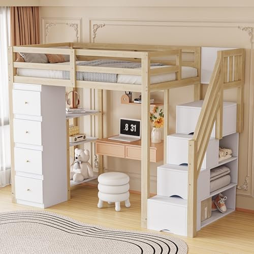 KecDuey Cama alta de 140 x 200 cm con cajón de almacenamiento con estantes, litera, escalera de seguridad con somier, cama multifuncional de madera maciza, cama infantil
