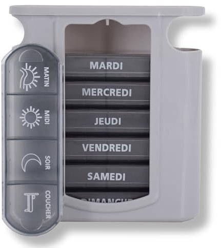 MEDIPILL - Tower Dose Pilulier Semainier Français | Organisation Hebdomadaire des Médicaments | 7 jours | 4 Moments de Prise par Jour | 28 Compartiments | Sans BPA | Une pièce | MED-S28T-G-F