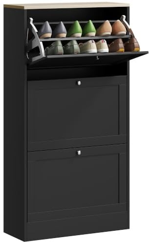 HOMCOM Zapatero Estrecho con 3 Puertas para 18 Pares 60x23,5x115 cm, Negro | Zapatero Entrada Recibidor, con Estantes Ajustables