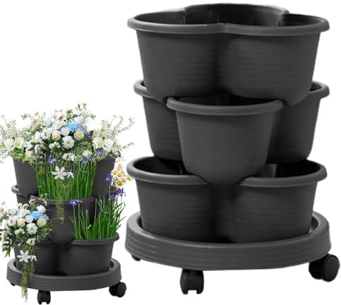 Lot de Pots de Fleurs empilables en pour Herbes aromatiques - 3 Niveaux - Empilables verticaux - avec Roues Amovibles
