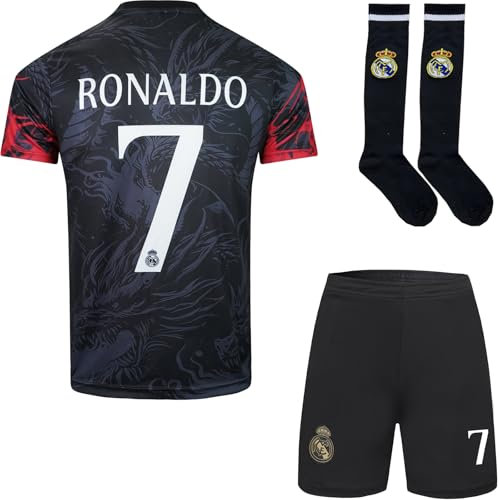 BlackAzat Madrid Ronaldo #7 Drachen Limitierte Sonderedition Football Fußball Kinder Trikot Shorts Socken Set Jugendgrößen (Schwarz,26)