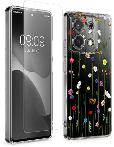 kwmobile Hülle kompatibel mit Xiaomi Redmi Note 13 Pro 5G / Poco X6 5G Handyhülle - Silikon Case transparent - Mit Glas Schutzfolie - Wildblumen Ranke Mehrfarbig Transparent
