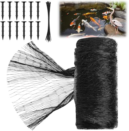 Yoojahow Koi Pond Netting Kit 7 x 10ft, Bird Deer Fence Netting, Durable Net Cover for Leaves, Heavy Duty Fine Mesh, Protect Fish from Blue Heron Birds, Cats & Predators, 12 Pcs Stakes & Ties Included