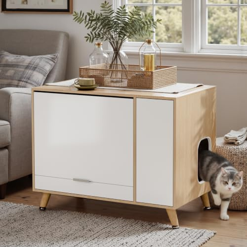 DAWNYIELD Cat Litter Box Enclosure, Wooden Hidden Litter Box Furniture | Cat Litter Cabinet with Flip-Up Door and Slide-Out Tray, Indoor Pet House with Side Entry and Side Cabinet, Wood Tone