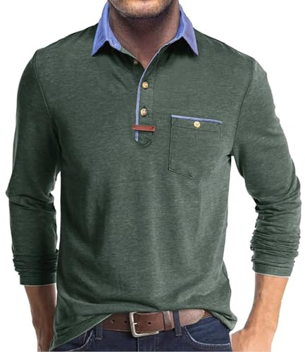 Volemo Mens Long Sleeve Polo Shirts Cotton Polos T-Shirts Smart Casual Tops with Pocket Green XXL