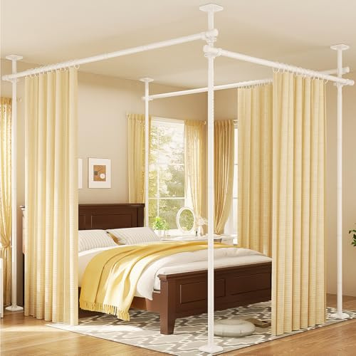 Yeabett Raumtrenner ohne Bohren - Freistehende Vorhangstange, Höhe (122-305cm) & Breite (71–434cm) verstellbar, Stabile Edelstahl-Trennwand für jedes Zimmer, Weiß