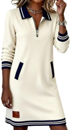 shownicer Vestito Donna Invernale Felpa Lunga con Tasche Abito in Felpa Manica Lunga Vestiti Casual Abiti Autunnale Invernale A Beige M