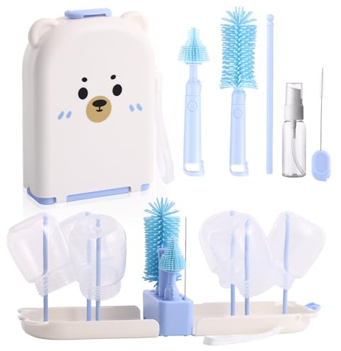 Hranio Baby Bottle Brushes for Cleaning Baby Bottle Cleaner Brush Travel Steriliser for Baby Travel Essentials with Silicone Bottle/Nipple/Straw Brush Soap Dispenser Drying Rack (Blue)