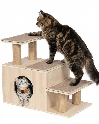 KinoTail 3-in-1 Pet Stairs for Cats, 7.87 Depth Pet Steps for Cat, Wood Cat Stairs for High Bed and Sofa, 1 Condo Cave, Scratching Post, Sturdy Indoor Pet Stairs with Non-Slip Carpet Pads