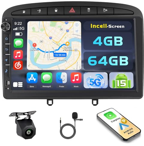 Hikity 4G+64G Android 15 Radio Coche Peugeot 308 2007-2015 9 CarPlay | También para Peugeot 408. Android Auto Inalámbrico. BT. GPS. WiFi. FM/RDS. Cámara+MIC. Incell Touchscreen