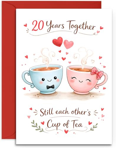 20th Anniversary Card - Cute Pair of Tea Cups Design - China Anniversary Card - A5 Size Card with Red Envelope