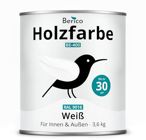 Berico Holzfarbe 3,6 Kg - 4in1 Premium Holzlack - RAL 9016 Weiss | Robuster Holz- & Wetterschutz inkl. Grundierung, für Innen & Außen, schnelle Trocknung, hohe Deckkraft