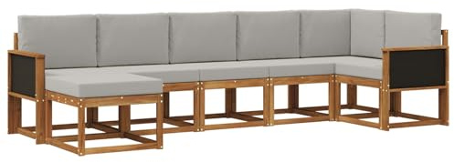 vidaXL Outdoor-Sofagarnitur 7 pcs Natürlich und Hellgrau Polyester, Modularer Gartensofa-Set, modernes Outdoor-Sofa, wetterfester Terrassenmöbel, Akazienholz, braunes Sitzen