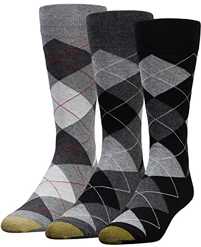 GOLDTOE Men's Carlyle Argyle Crew Dress Socks, 3-Pairs, Black Grey Argyle, Large
