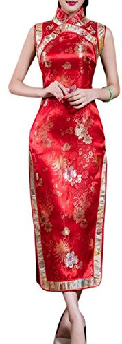 XueXian(TM) Femme Rétro Elégant Cheongsam Qipao Long sans Manche Robe de Soirée Mariage Chinois Traditionnel en Brocart (38-40/Asie XL, Rouge)