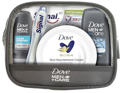 Dove Men +Care Neceser Mini de Viaje para Hombre, Gel Ducha 50 ml, Desodorante Roll On 50 ml, Crema 75 ml, Pasta de Dientes Signal White Now y Cepillo de Dientes Signal