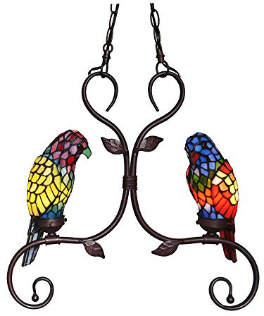 HT Tiffany Style Small Chandelier Light fixtures Ceiling 2 Lights Two Parrot Stained Glass Shade, for Restaurant Kitchen Dinner Room Living Room Bathroom Balcony Hallway Stairway, Iron Branch