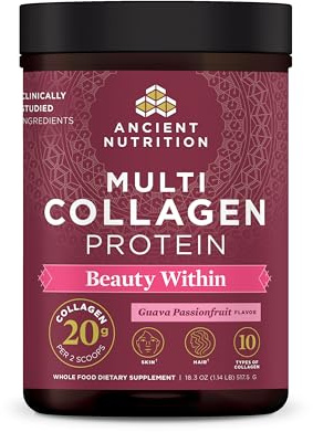 Ancient Nutrition Collagen Powder Protein, Multi Collagen Protein Beauty Within, Guava Passionfruit, with Vitamin C, Hydrolyzed Collagen Peptides Supports Healthy Skin and Nails, 18.3oz
