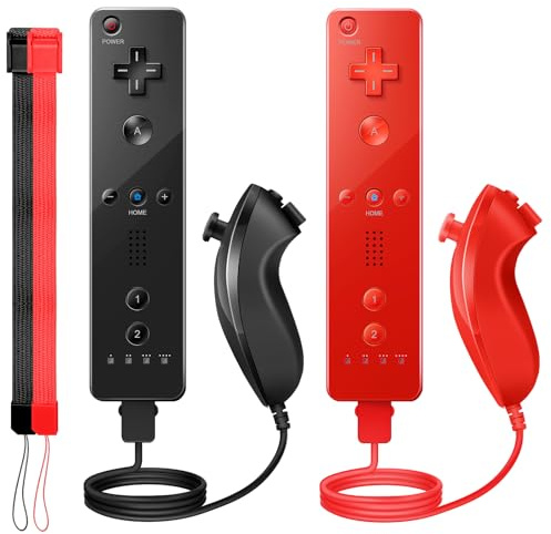 PGYFDAL Paquete de 2 mandos Wii, mando a distancia Wii y joystick Nunchuck con funda de silicona y correa de muñeca para vacaciones (negro y rojo)