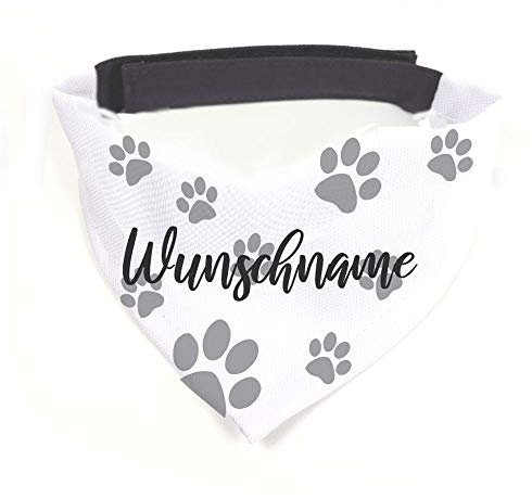 Hundehalstuch Pfote grau / weiß personalisiert inklusive Wunschname z.B. Name Ihres Hundes mit 12 cm Klettverschluss für kleine, mittlere und große Hunde (L = Halsumfang 45-60 cm)