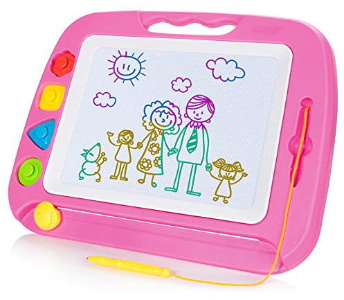 SGILE Große Magnetische Maltafel Zaubertafel, 42x32cm Zeichentafel Zaubermaltafel Malbrett mit 4 Form Stempel für Kinder ab 3 Jahre Geschenk, Pink