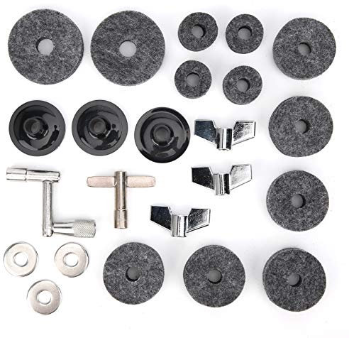 23 piezas Accesorios de Platillos, Almohadilla de fieltro para tambor kit de platillos con tuercas de mariposa, arandelas, fundas para llaves, accesorios de repuesto para platillos(gris)