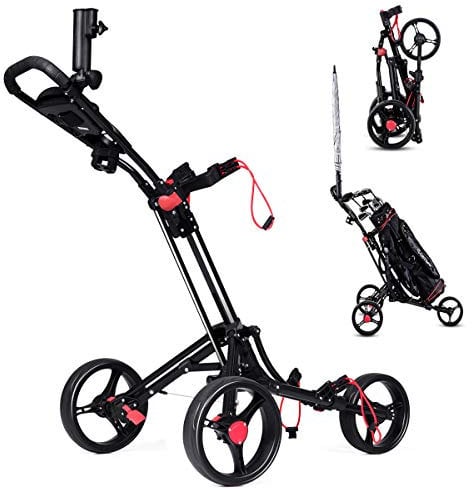 RELAX4LIFE Golfwagen mit 3 Rädern, Faltbarer Golftrolley aus Aluminium, Golf Push Cart mit Regenschirmrohr & Schirmhalter, Schiebewagen mit Anzeigetafel, Golfball Set mit verstellbarem Griff, schwarz