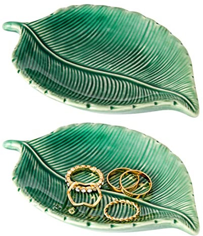 2-Pack of Leaf Shaped Trinket Tray, Small Ceramic Jewellery Dish, 13.5 x 9 x 2 cm, Green