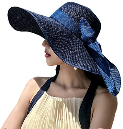 WSLCN Femme Chapeau de Soleil en Paille à Bord Large Capeline Pliable Plage Eté Anti-UV Décoration de Ruban Bleu marine
