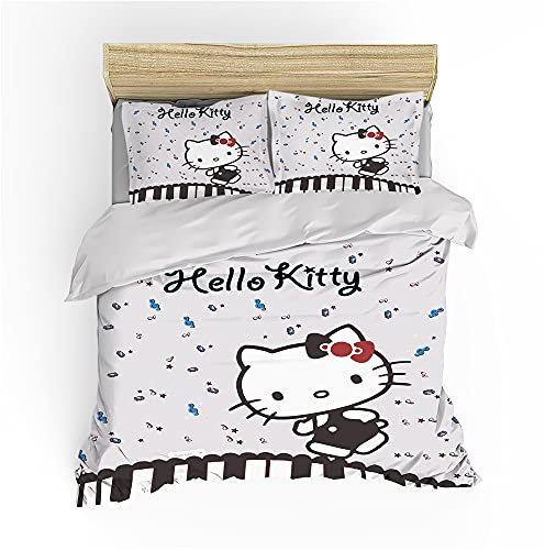 NICHIYOBI Hellokitty Bettbezug Bettwäsche Set - Bettbezug und Kissenbezug,Mikrofaser,3D Digital Print dreiteiliger Bettwäsche (3,135x200cm+ 80x80cmx2)