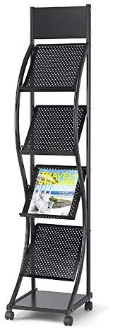 JTRHD Boden Zeitschriftenständer Abnehmbare 4-Tasche Boden Magazin Ständer Prospektständer Booklet Ständer mit Rollen aus Metall für Home-Office-Wohnzimmer (Farbe : Black, Size : 145x30x34cm)