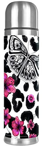 Farfalle e fiori su macchie di leopardo Borraccia sottovuoto in acciaio inossidabile per auto da viaggio a casa