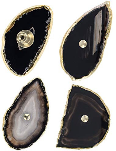 mookaitedecor Set aus 4 Achatscheiben Schrankknöpfe mit Schrauben, Möbelknöpfe mit Vergoldete Kanten für Kommode Schublade Garderobe Edelstein Griffe Ziehgriff für Haus Deko, Schwarz