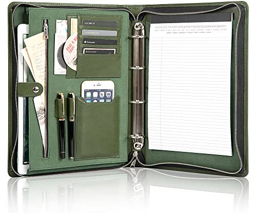 Calfinder A4 Konferenzmappe, Veganes Leder 4 Binder Ringbuchmappe mit a4 Schreibblock, Außendienstmappe Dokumentenmappe mit Reißverschluss, Unterlagen Organizer, Grün, Geschenk
