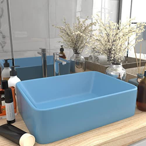 HOMIUSE Lavabo de Luxe Bleu Clair Mat 41x30x12 CM CéRamique Vasque à Poser Salle de Bain Lavabo Salle de Bain Lavabo à Poser Sur Meuble Lavabo Wc Garage la Cuisine Lavabo sur Table Rectangulaire