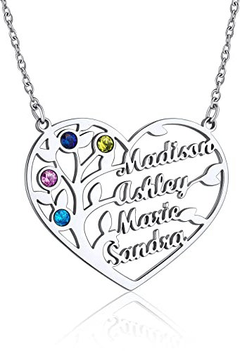 GoldChic Collana Cuore Con Nome Personalizzato Ciondolo Albero della Vita Collana Donna Cuore con Pietra di Nascita Personalizzata con 4 Nomi Collana Donna Acciaio Regalo per Famgia Amica Mamma