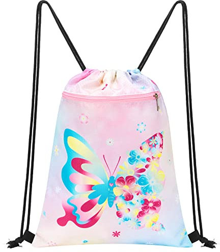 WAWSAM Schmetterling Rucksack mit Kordelzug für Kinder – 34 x 45 cm Sport Turnbeutel für Mädchen Wasserdicht Strand Schwimmen Schule Reisen Sackpack Geburtstag Weihnachten Geschenk