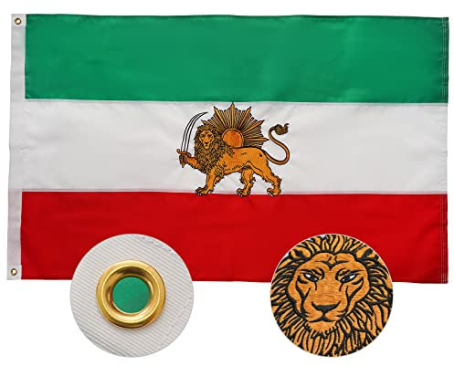 SYII Iran-Flagge, 90 x 150 cm, für den Außenbereich, bestickt, alte iranische Löwe, Sonne, persische Flaggen mit 2 Messingösen und genähten Streifen, strapazierfähiges 210D-Polyester