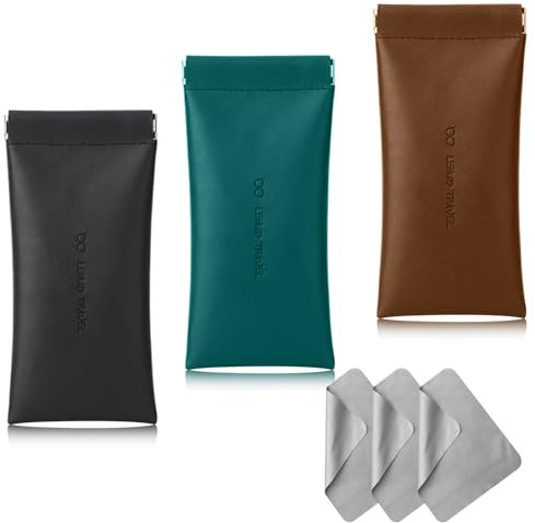 Soft Glasses Case, 3 Pack Portable Squeeze Top Leather Glasses Case with Cleaning Cloth, Sunglasses Case Water Proof Glasses Pouch Storage Bags Suitable for Women Men (Black, Dark Green, Brown)