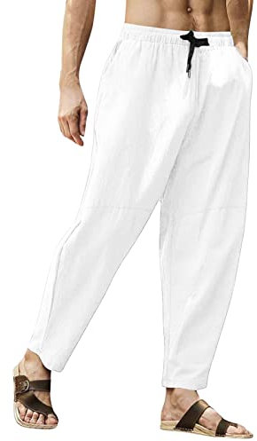 QWUVEDS Herren Frühjahr und Sommer Hose Casual All Einfarbig Baumwolle Leinen Lose Hosen Mode Strandhose Hose Herren Cargo Freizeithose Herren Lang Breite Jogginghose Herren Trainingshose Herren Lang