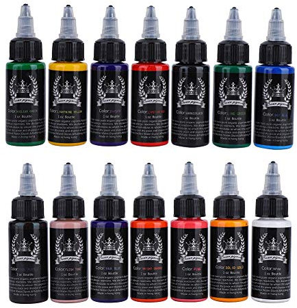 LANTRO JS Tattoo Farbe Set Profi 14 Farben 30ml pro Flasche, Schwarz Rot Weiß Tattoos Tinte Stick and Poke Körperfarben Permanent Make Up Microblading Pigment Tattoo Zubehör