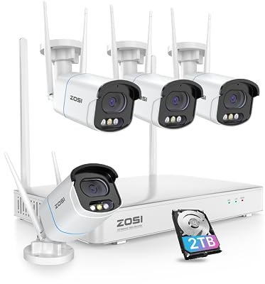 ZOSI 2.5K Spotlight Wireless CCTV Camera System with Person Vehicle Detection, 8CH NVR with 2TB HDD, 4Pcs 4MP WiFi Surveillance Cameras Outdoor Indoor, Color Night Vision, 2-Way Audio, Siren Alarm