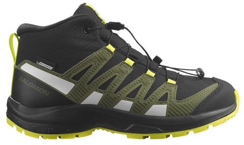 Salomon® Kids Xa Pro V8 Mid CS WP Running Shoes for Kids – Synthetic and Textile Upper – Bungee Lace-Up, Black/Deep Lichen Green/Safety Yellow, 1.5 Little Kid