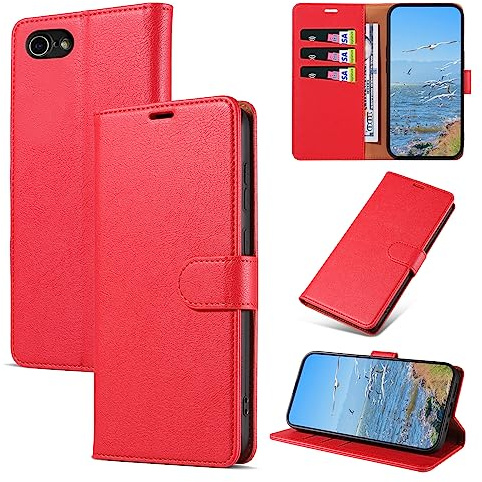 KKEIKO Hülle Kompatibel mit iPhone SE 2022 / iPhone SE 2020 / iPhone 8 / iPhone 7, Magnet Klappbar Handyhülle mit Kartenfach, PU Leder Stoßfest Schutzhülle für iPhone SE 2022 / iPhone SE 2020, Rot