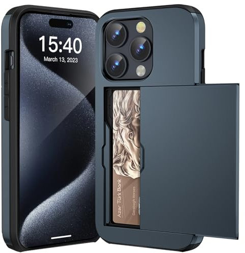 ACOCOBUY for iPhone 15 Pro Case with Card Holder Sliding Cover Hidden Pocket IDs Credit Cards Slot Heavy Duty Shockproof Protective Dual Layer Wallet Phone Cover Back Shell for Men Women 6.1 Navy